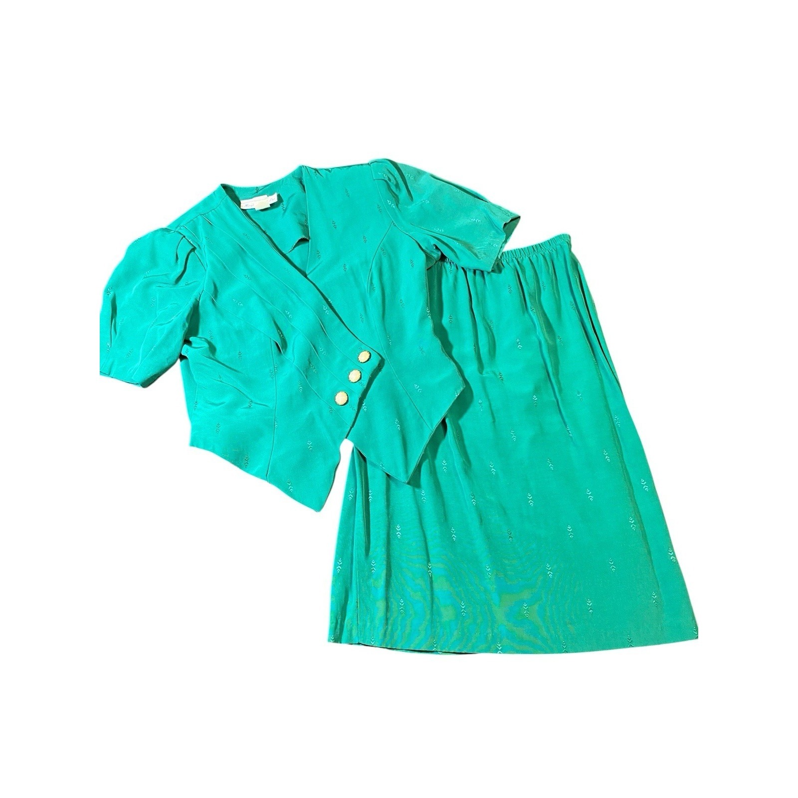 Vtg Meryl Fashions 2 Pc Skirt Suit Set Green Asymmetric Crop Blazer Sm/Med